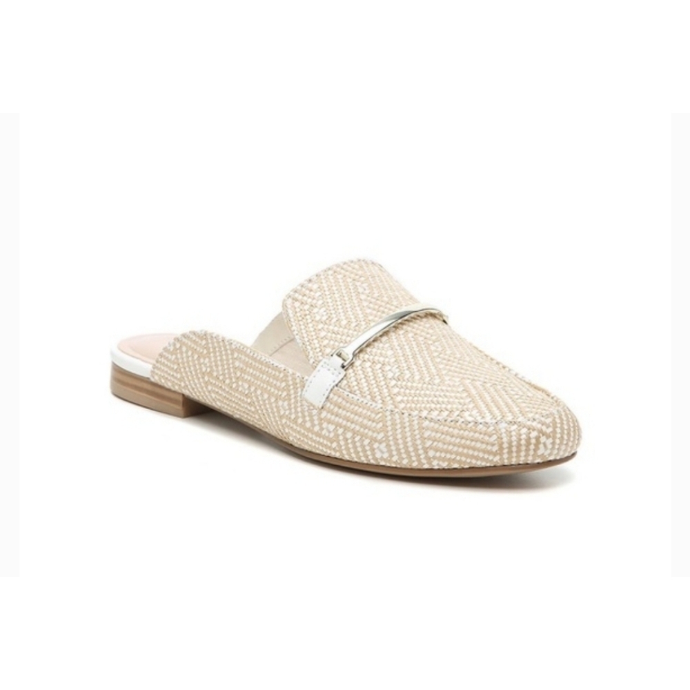 Beige Woven Backless Loafer Mule with Silver Accent